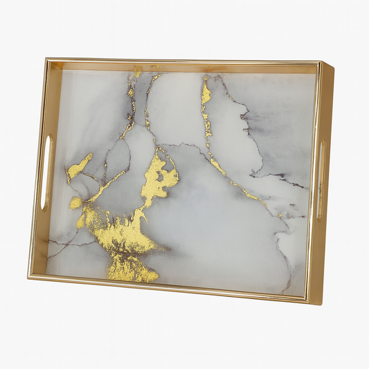 2 Pcs Glass Tray Set – White Marble with Gold Veins & Golden Frame