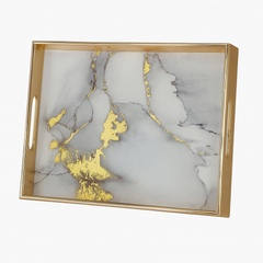 2 Pcs Glass Tray Set – White Marble with Gold Veins & Golden Frame
