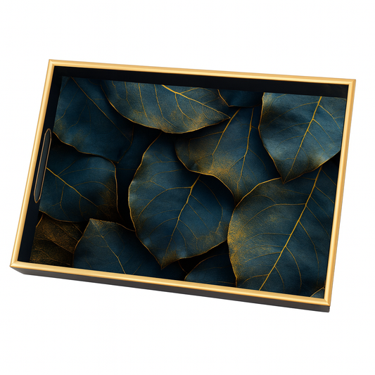 2 Pcs Glass Tray Set – Blue Leaf Design with Golden Frame