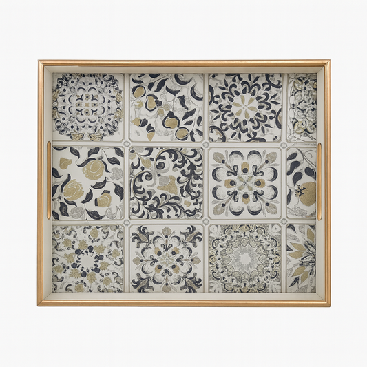 2 Pcs Glass Tray Set – Moroccan Tile Design with Golden Frame