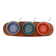4.25" Ceramic Dessert Bowl Set – 3-Piece with Wooden Tray