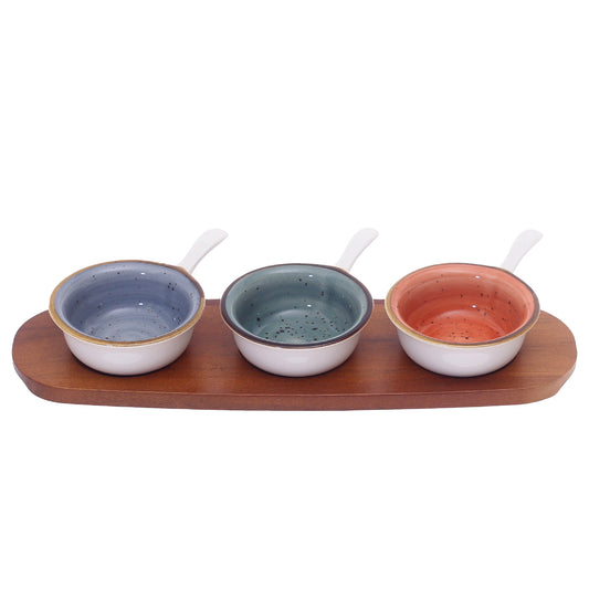 4.25" Ceramic Dessert Bowl Set – 3-Piece with Wooden Tray