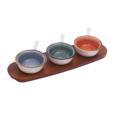 4.25" Ceramic Dessert Bowl Set – 3-Piece with Wooden Tray