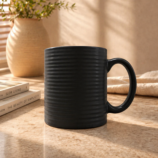 Matte Black Ribbed Coffee Mug – Modern Ceramic Tea & Coffee Cup - Habitt