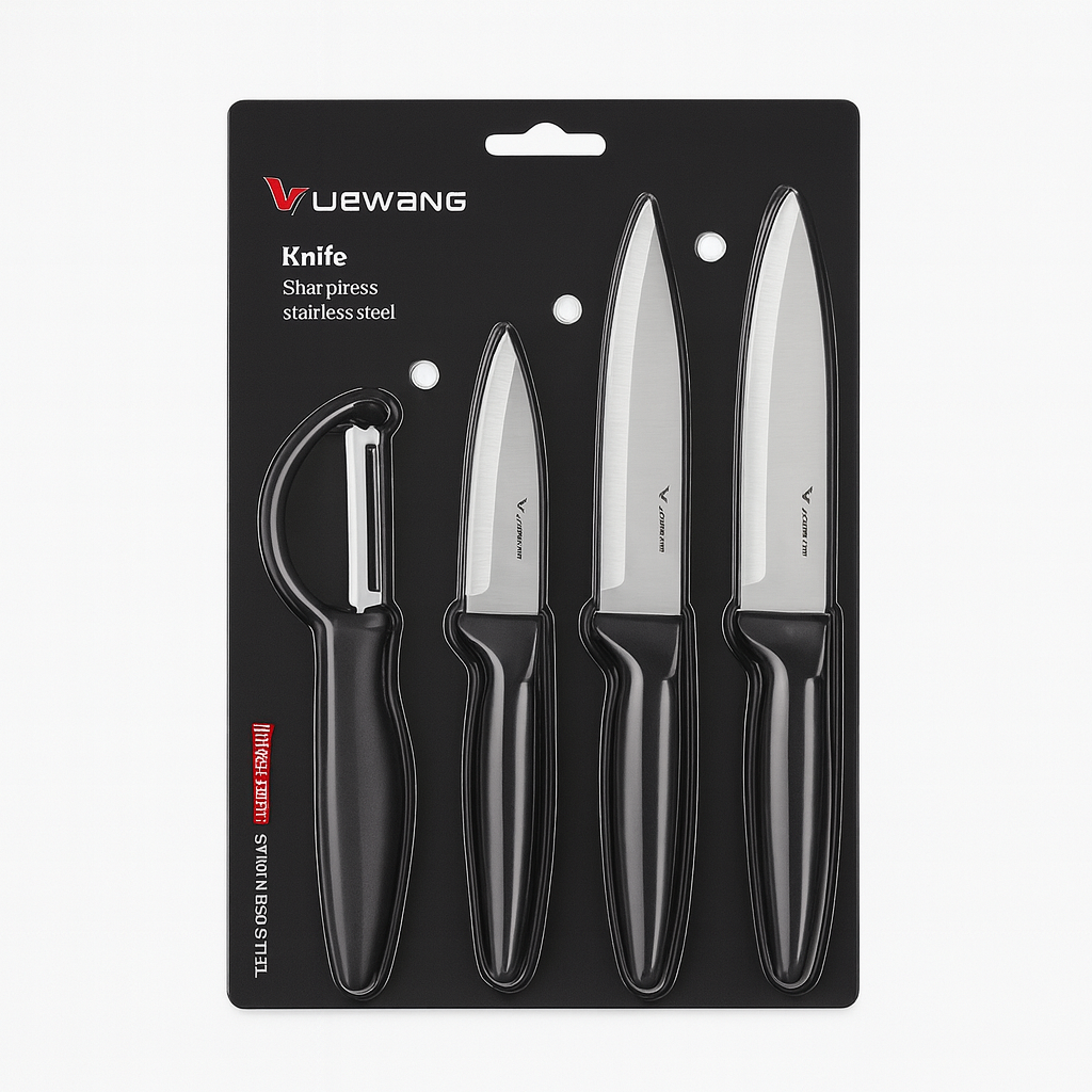 4-Piece Stainless Steel Kitchen Knife & Peeler Set – Black Handle