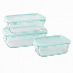 Glass Food Storage Container Set – Leak-Proof with Aqua Snap-Lock Lids (410ml, 680ml, 1040ml)