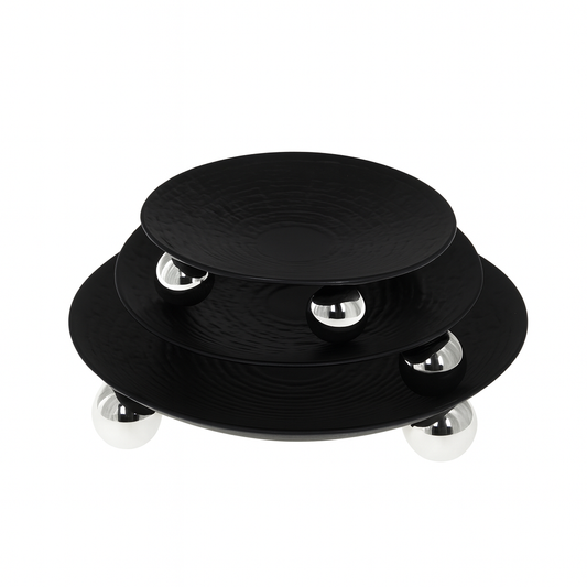 3 Pcs Round Iron Tray Set – Black Finish with Silver Ball Stands