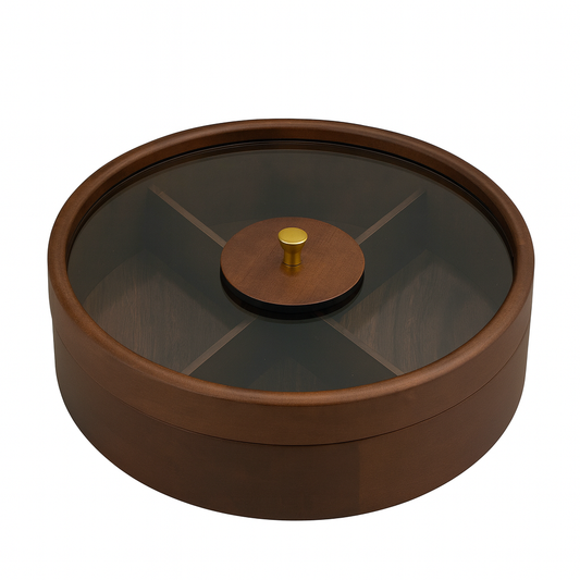 Round Wooden Dry Fruit Box – Glass Lid with Partitions & Golden Knob