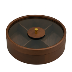 Round Wooden Dry Fruit Box – Glass Lid with Partitions & Golden Knob