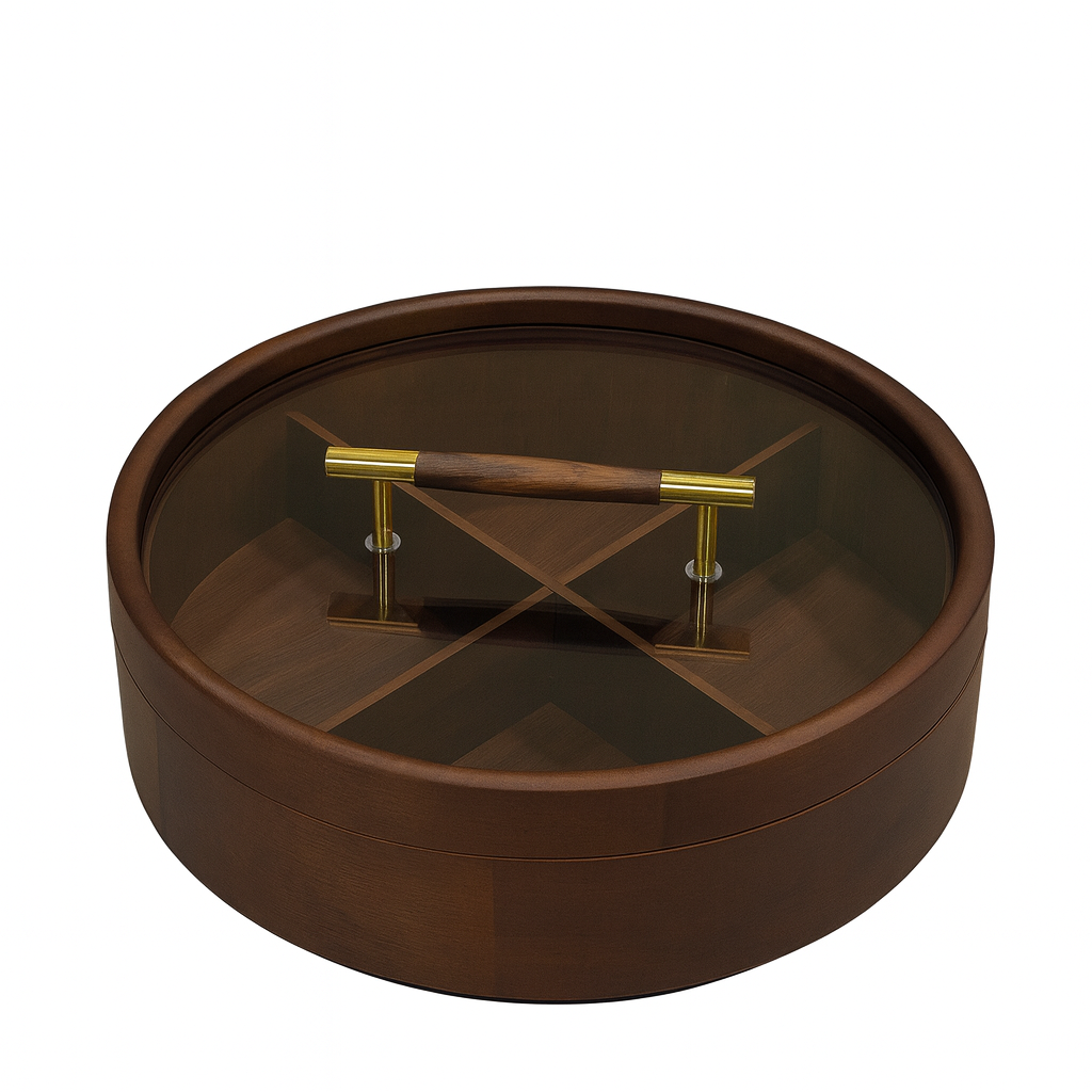 Round Wooden Dry Fruit Box – Glass Lid with Golden Handle
