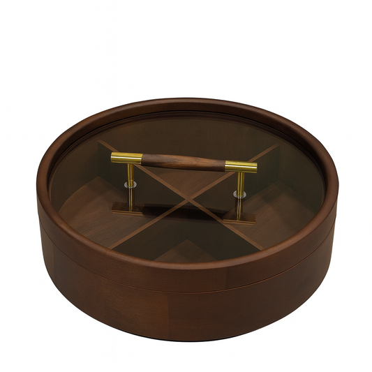 Round Wooden Dry Fruit Box – Glass Lid with Golden Handle
