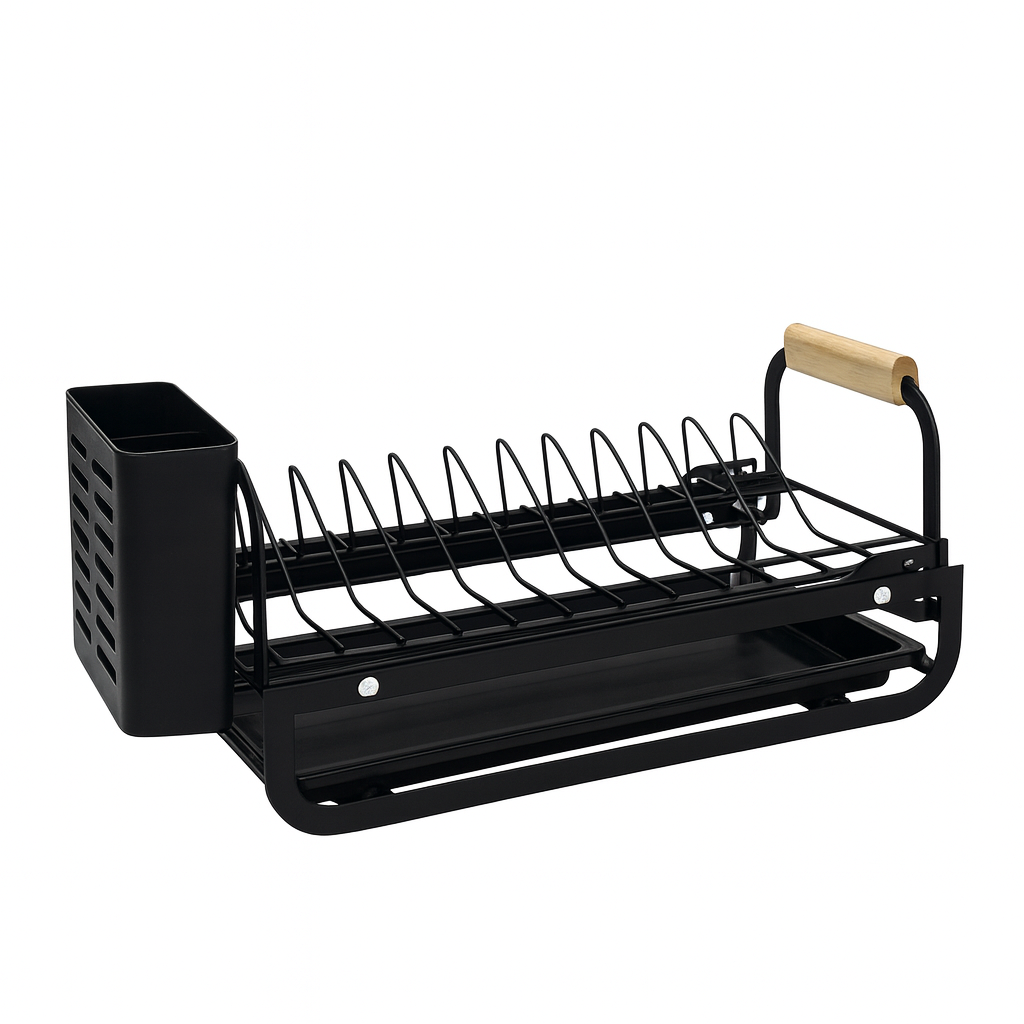 Metal Plate Rack – Black with Wooden Handle