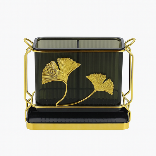 2 in 1 Napkin Cutlery Holder – Green Acrylic with Golden Frame