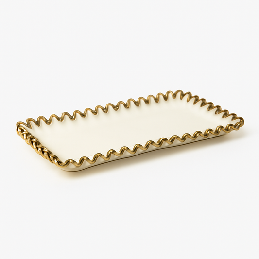Super Dine Rectangular Serving Dish – White Tray with Gold Ruffle Edges