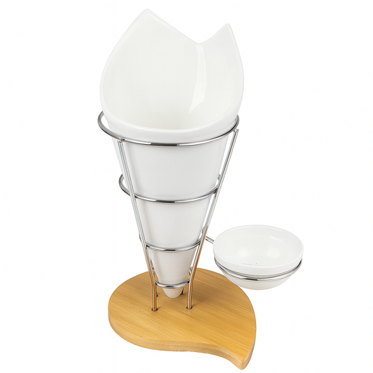 Ceramic Fries Stand with Metal Frame & Wooden Base – Snack Cone with Sauce Bowl