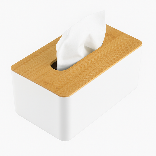 Modern Opaque Tissue Box with Bamboo Lid – White Plastic Dispenser for Home & Office