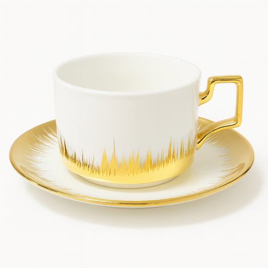 6Pcs 220ML White Porcelain Cup & Saucer with Gold Detailing | Luxury Tea & Coffee Set