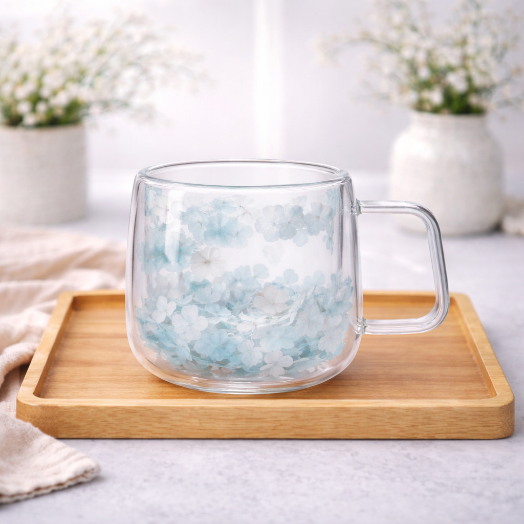 Double Wall Glass Mug 180ml with Floral Design