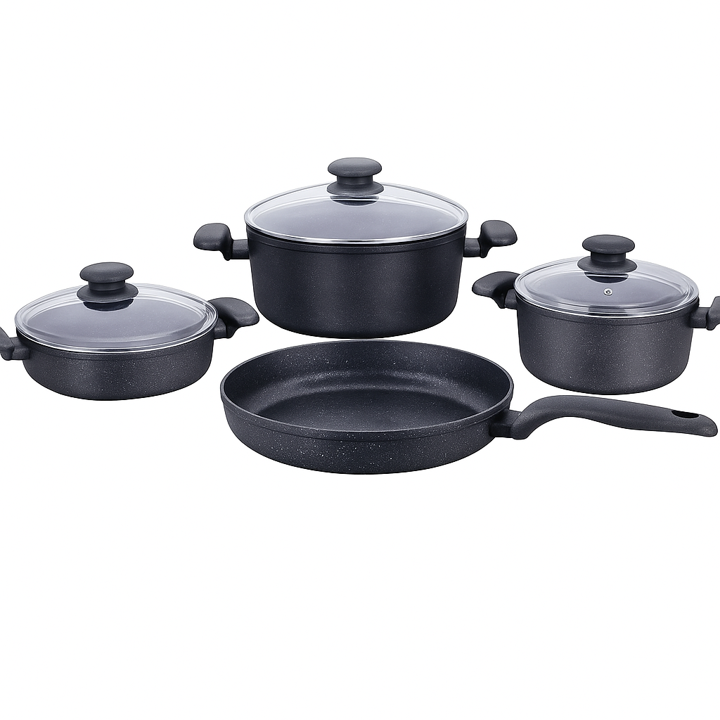 Ornella 7-Piece Non-Stick Cookware Set – Premium Black Aluminum Pots & Pans with Glass Lids, Induction Compatible