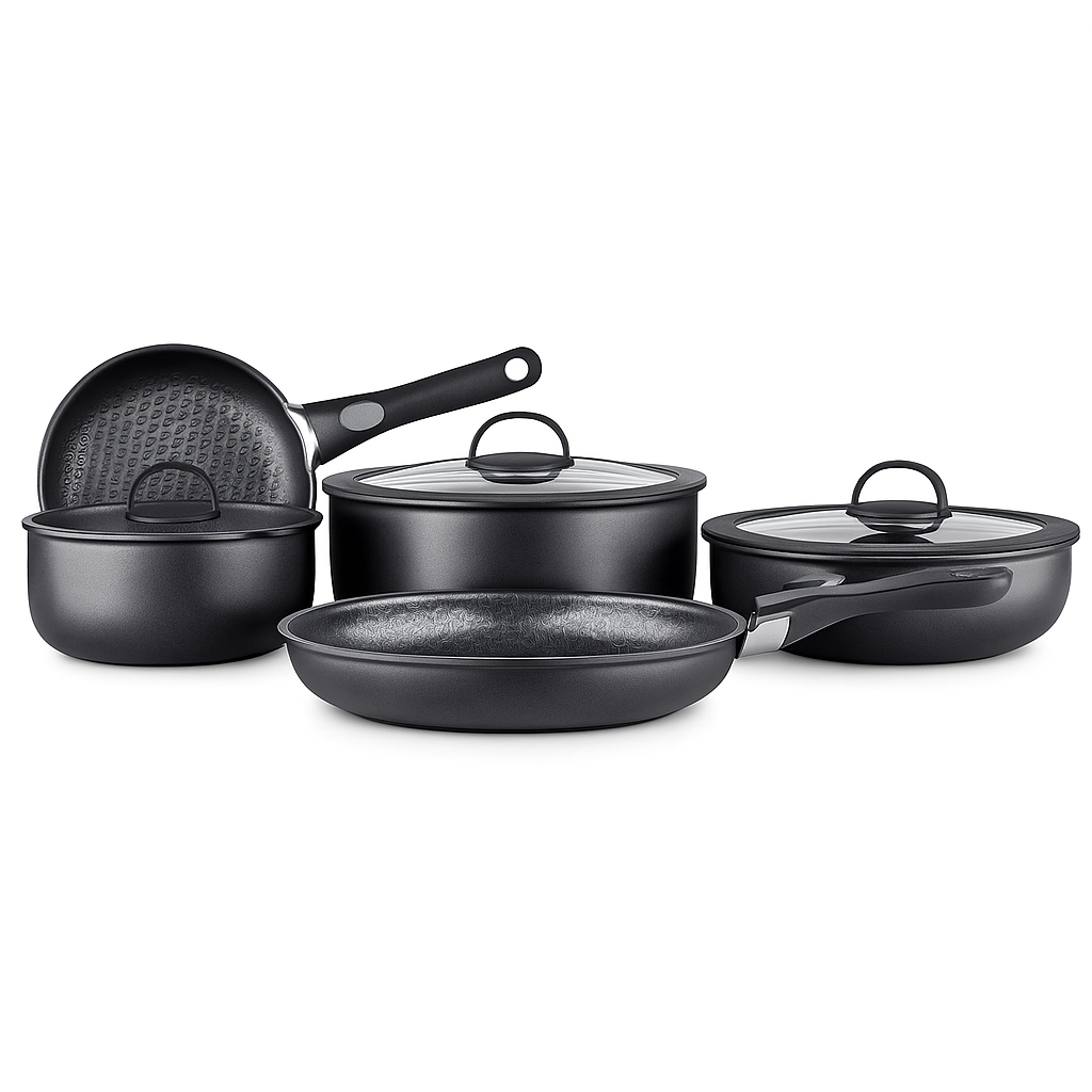 Neta 10-Piece Non-Stick Cookware Set – Premium Black Granite Coated Pots & Pans with Glass Lids, Induction Compatible