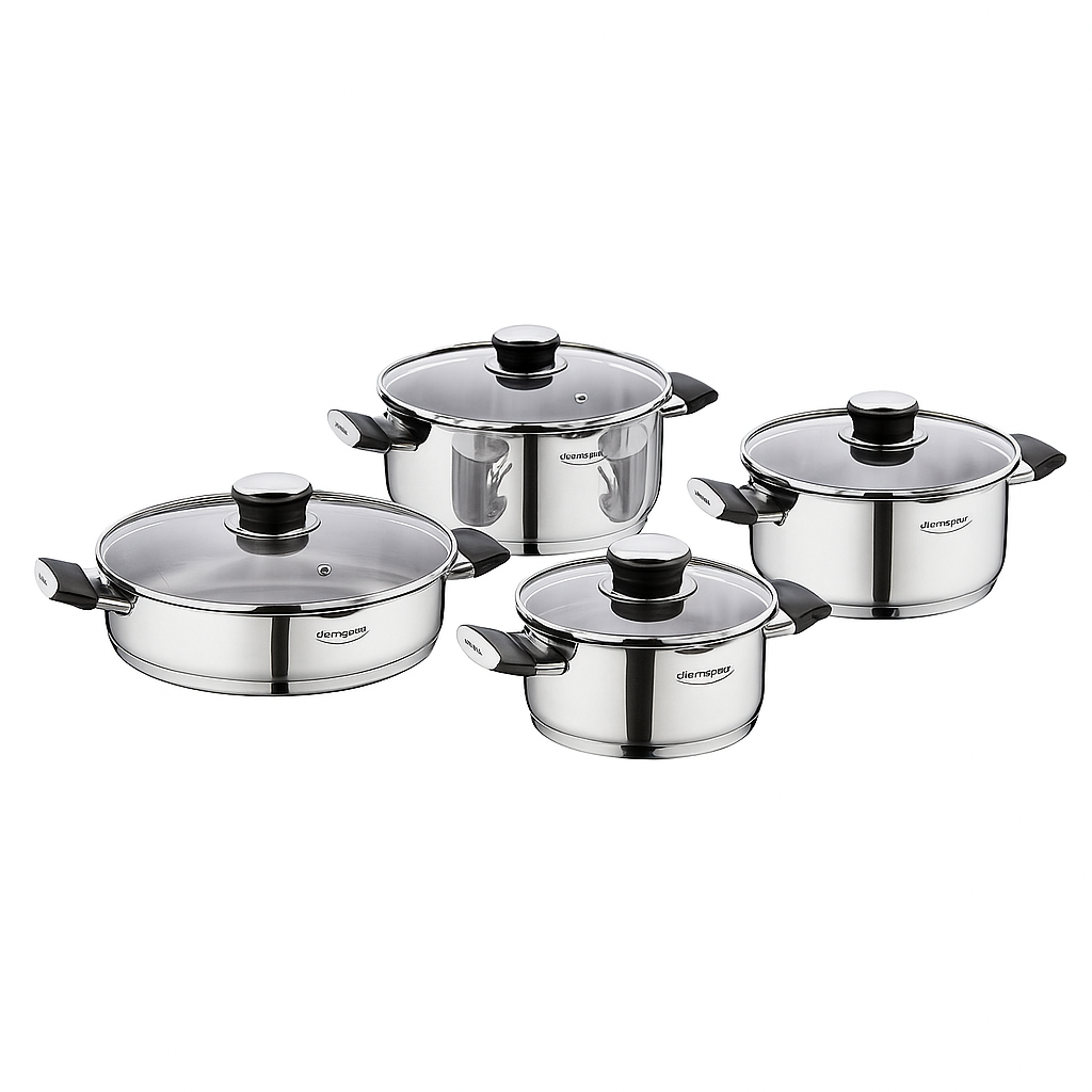 Pera 8-Piece Stainless Steel Cookware Set with Glass Lids
