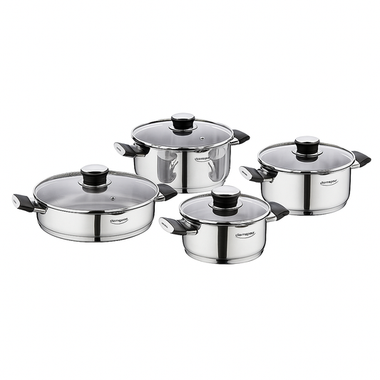 Pera 8-Piece Stainless Steel Cookware Set with Glass Lids