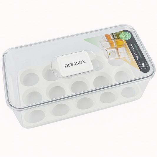 DEERBOX Egg Storage Container – 18-Slot Lock-Fresh Box with Transparent Lid for Fridge Organization