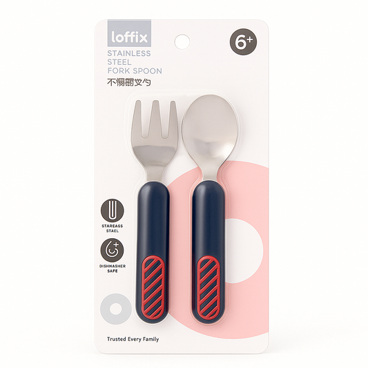 Baby Spoon & Fork Set – 2 PCS Stainless Steel Feeding Utensils with Easy-Grip Handles (6+ Months)