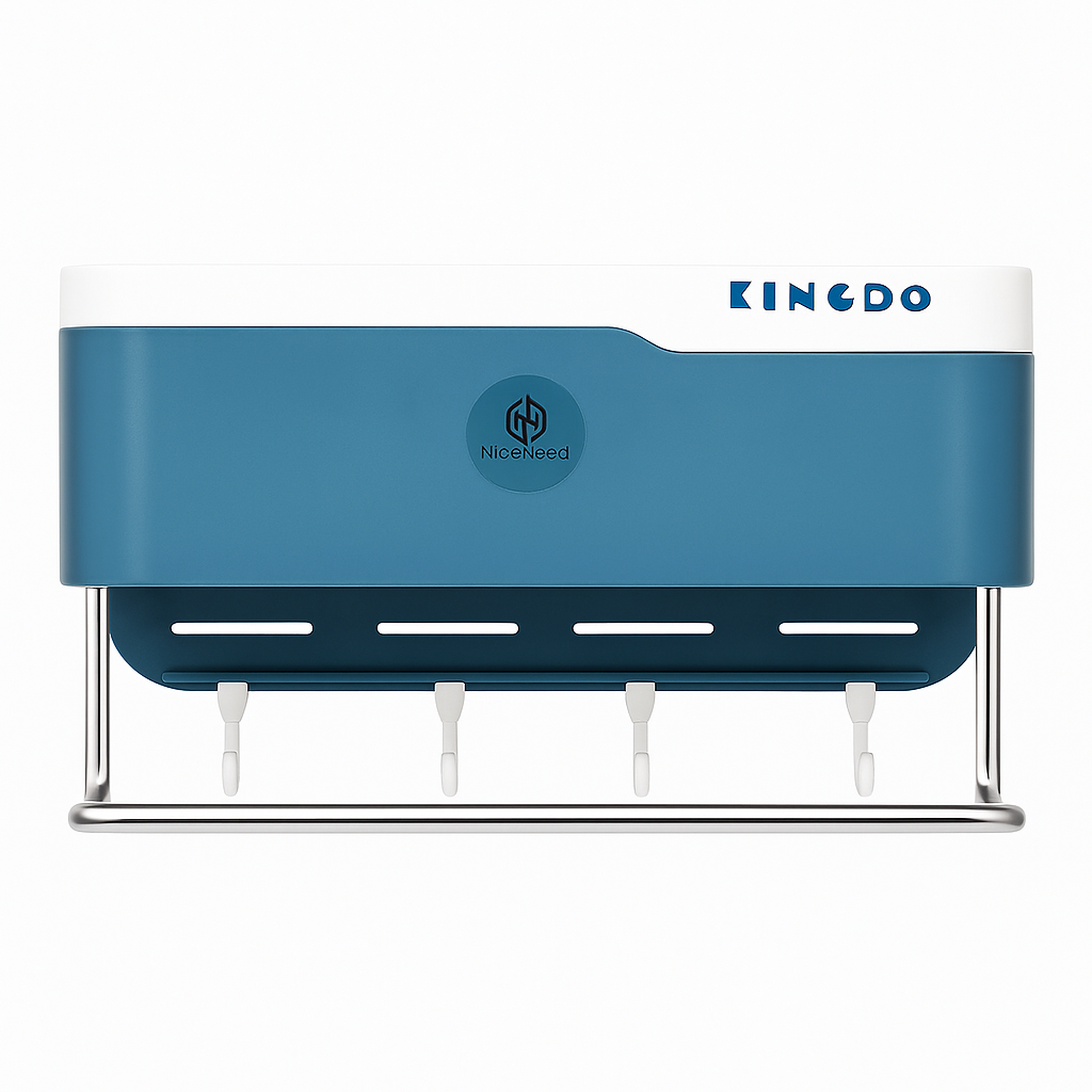 Blue Wall-Mounted Bathroom Storage Bracket | Multi-Hook Organizer Shelf for Toiletries & Accessories