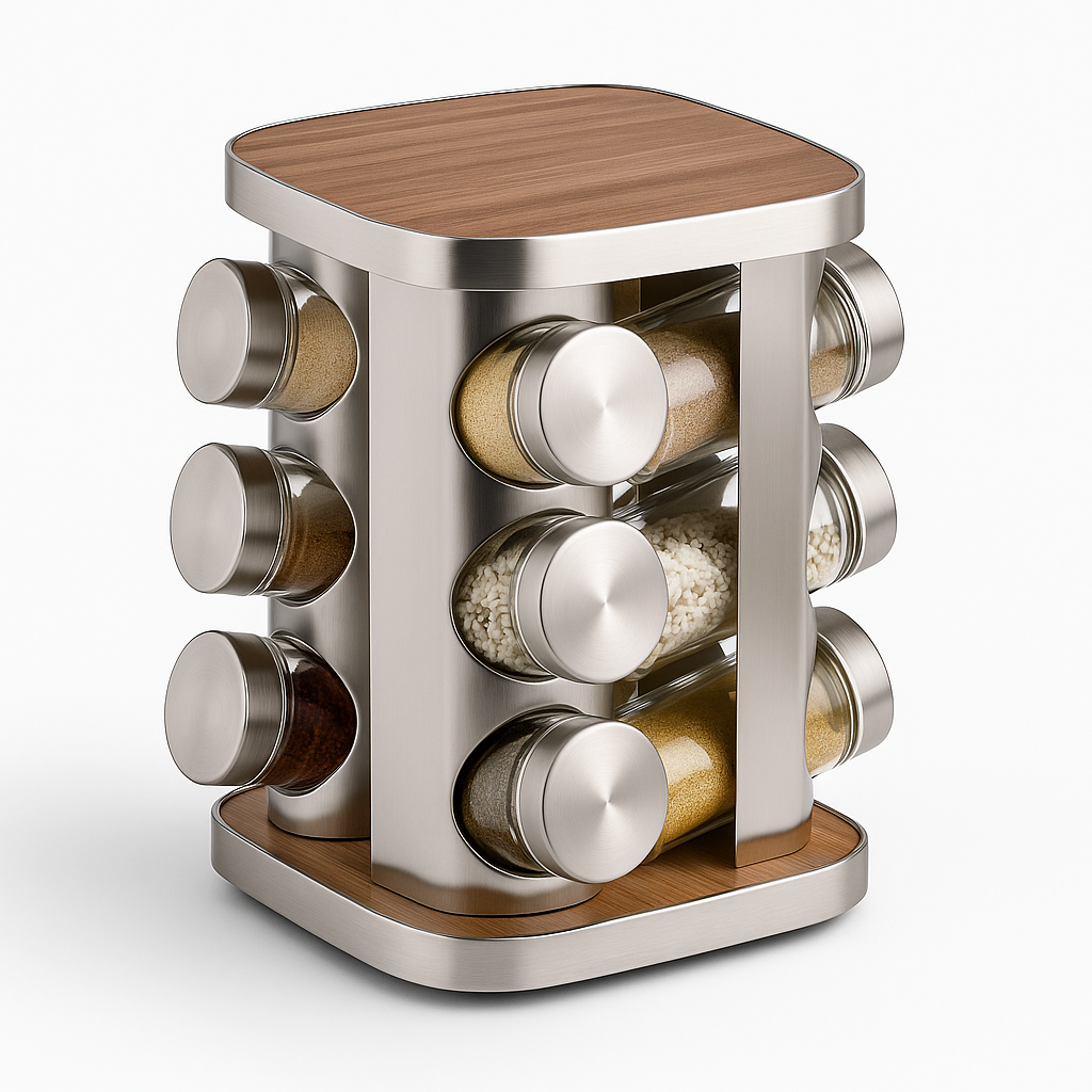 12-Piece Rotating Spice Rack with Wooden Top – Stainless Steel Round Spice Organizer with Glass Jars