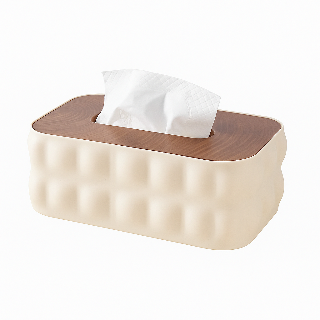 Modern Tissue Box with Wooden-Style Lid – Decorative Napkin Holder for Home, Office & Living Spaces
