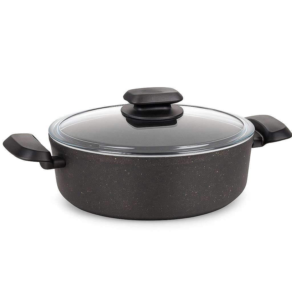 Ornella Aluminum Non-Stick Casserole with Glass Lid – Available in 20x10.5 cm (3.0 L), 24x6.5 cm & 28x7.5 cm (4.0 L) - Habitt