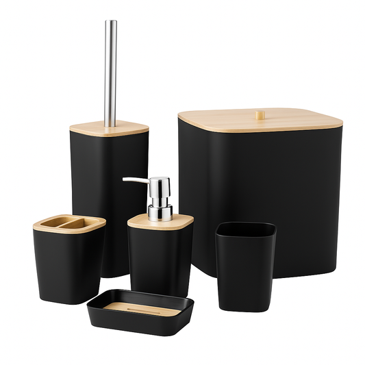 6-Piece Modern Bathroom Set – Matte Black & Wood-Finish Square Bathroom Accessories Collection