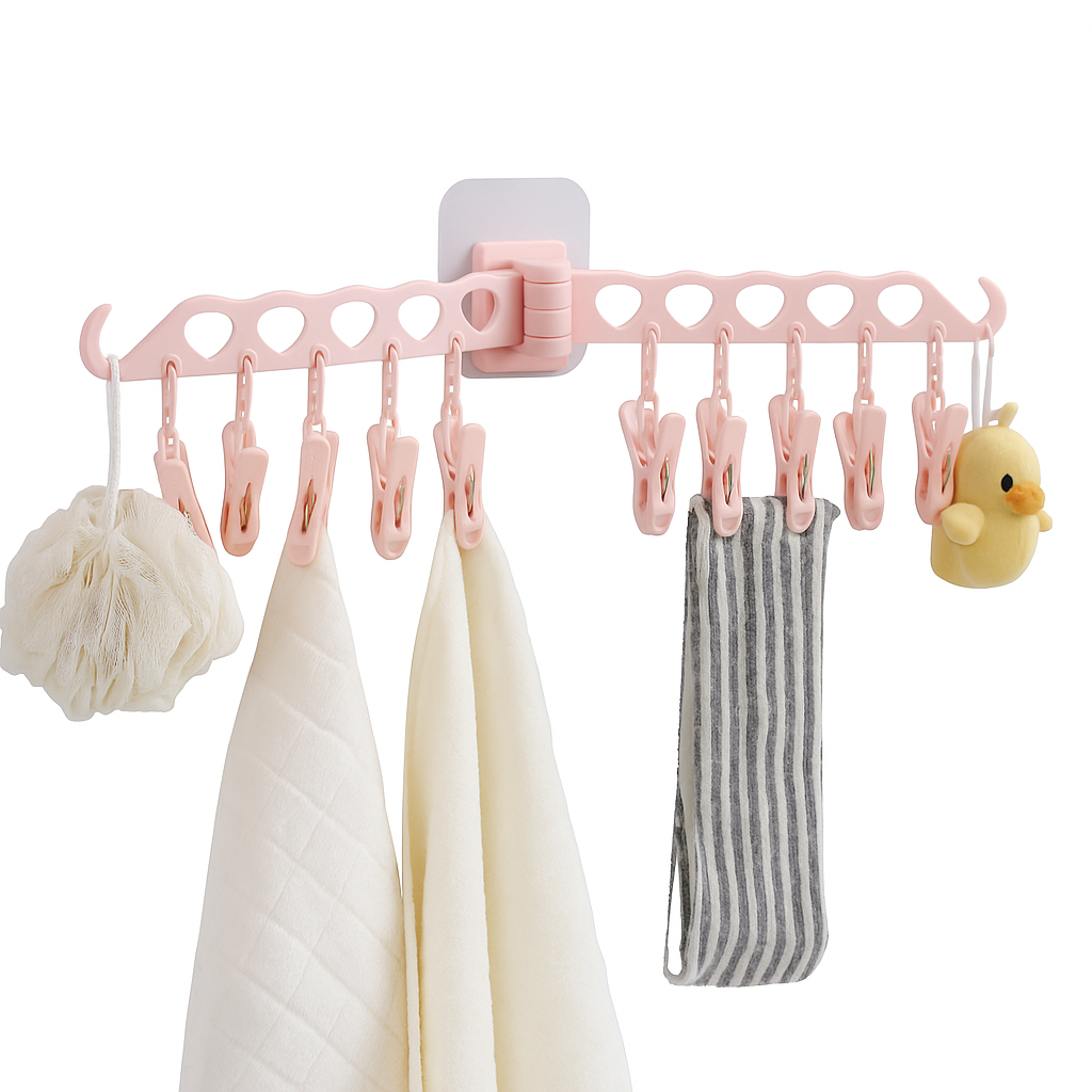 Small Baby Hanger with Clips – Wall-Mounted Multi-Hook Organizer for Baby Clothes, Towels & Accessories