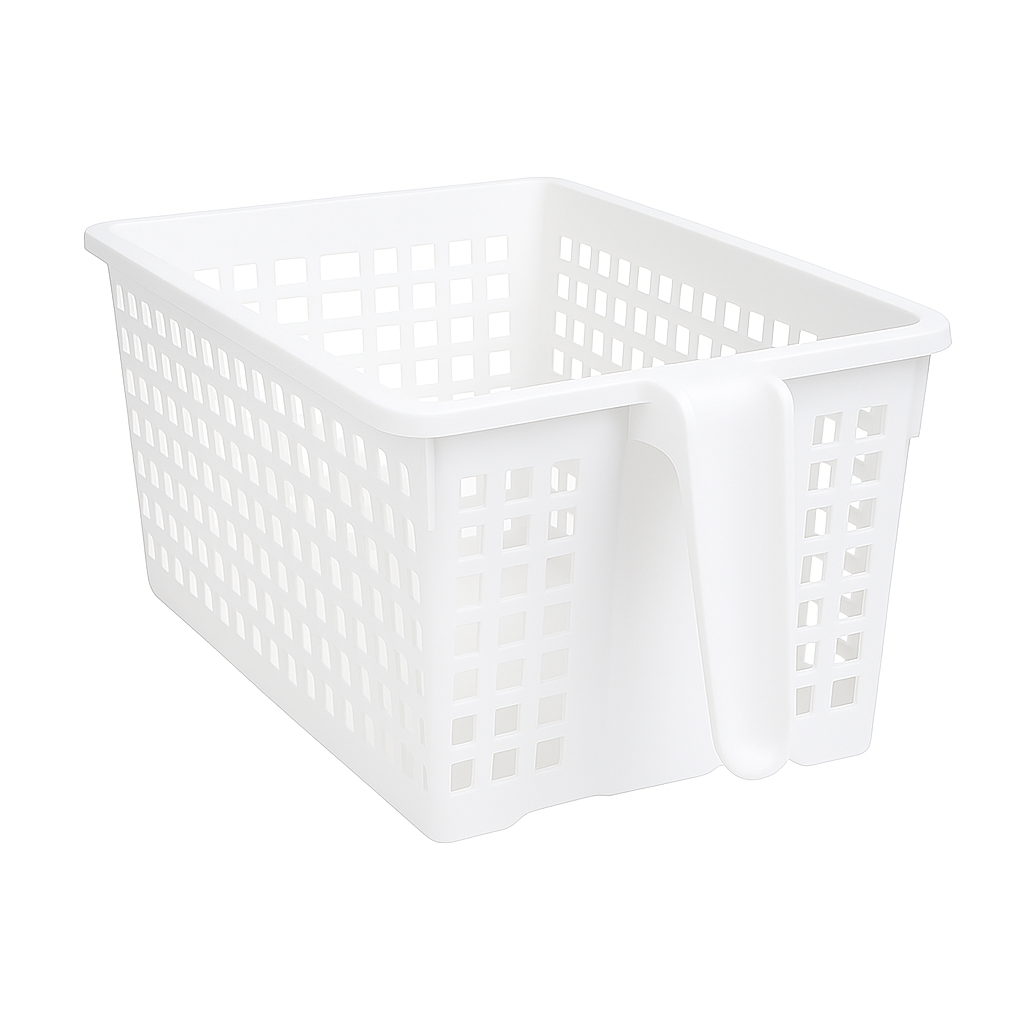 Fridge Basket with Handle – White Plastic Storage Organizer for Refrigerator, Pantry & Kitchen Shelves