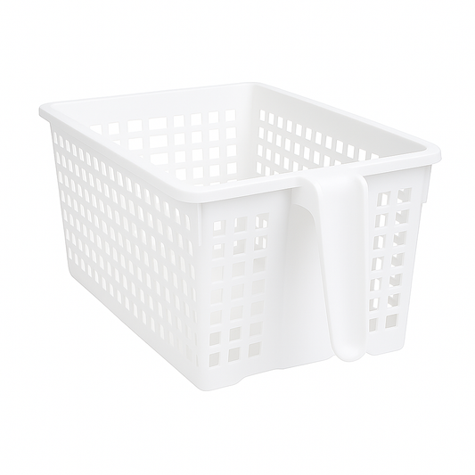 Fridge Basket with Handle – White Plastic Storage Organizer for Refrigerator, Pantry & Kitchen Shelves