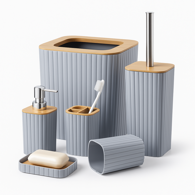 6-Piece Bathroom Set – Golden Line Edition, Premium Ribbed Bathroom Accessories with Wooden-Style Tops - Habitt