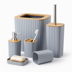 6-Piece Bathroom Set – Golden Line Edition, Premium Ribbed Bathroom Accessories with Wooden-Style Tops