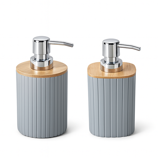 Premium Ribbed Soap Dispenser with Bamboo Lid – Heavy Refillable Liquid Soap Bottle (Available in Square or Round)