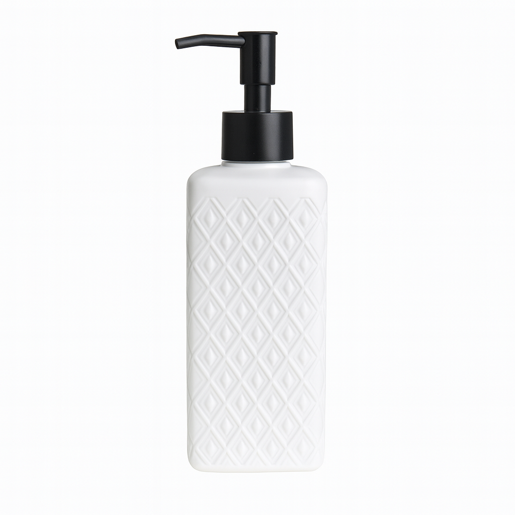 Long White Textured Liquid Soap Dispenser – Durable Plastic Refillable Bottle with Chrome Pump for Bathroom & Kitchen