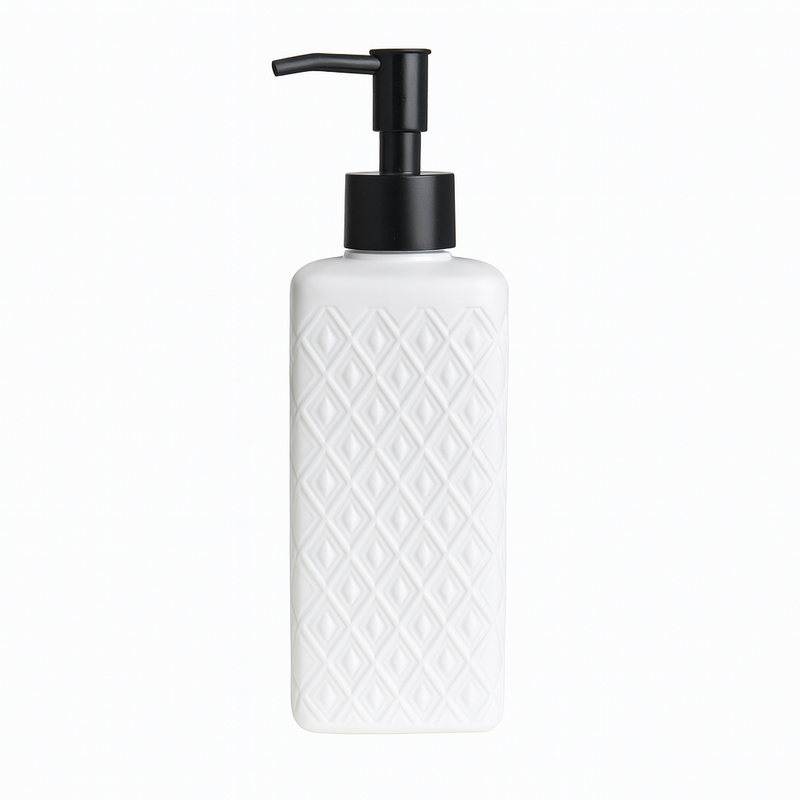 Long White Textured Liquid Soap Dispenser – Durable Plastic Refillable Bottle with Chrome Pump for Bathroom & Kitchen - Habitt