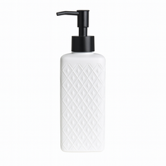Long White Textured Liquid Soap Dispenser – Durable Plastic Refillable Bottle with Chrome Pump for Bathroom & Kitchen