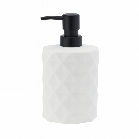 White Diamond-Pattern Liquid Soap Dispenser – Durable Plastic Refillable Bottle with Black Pump
