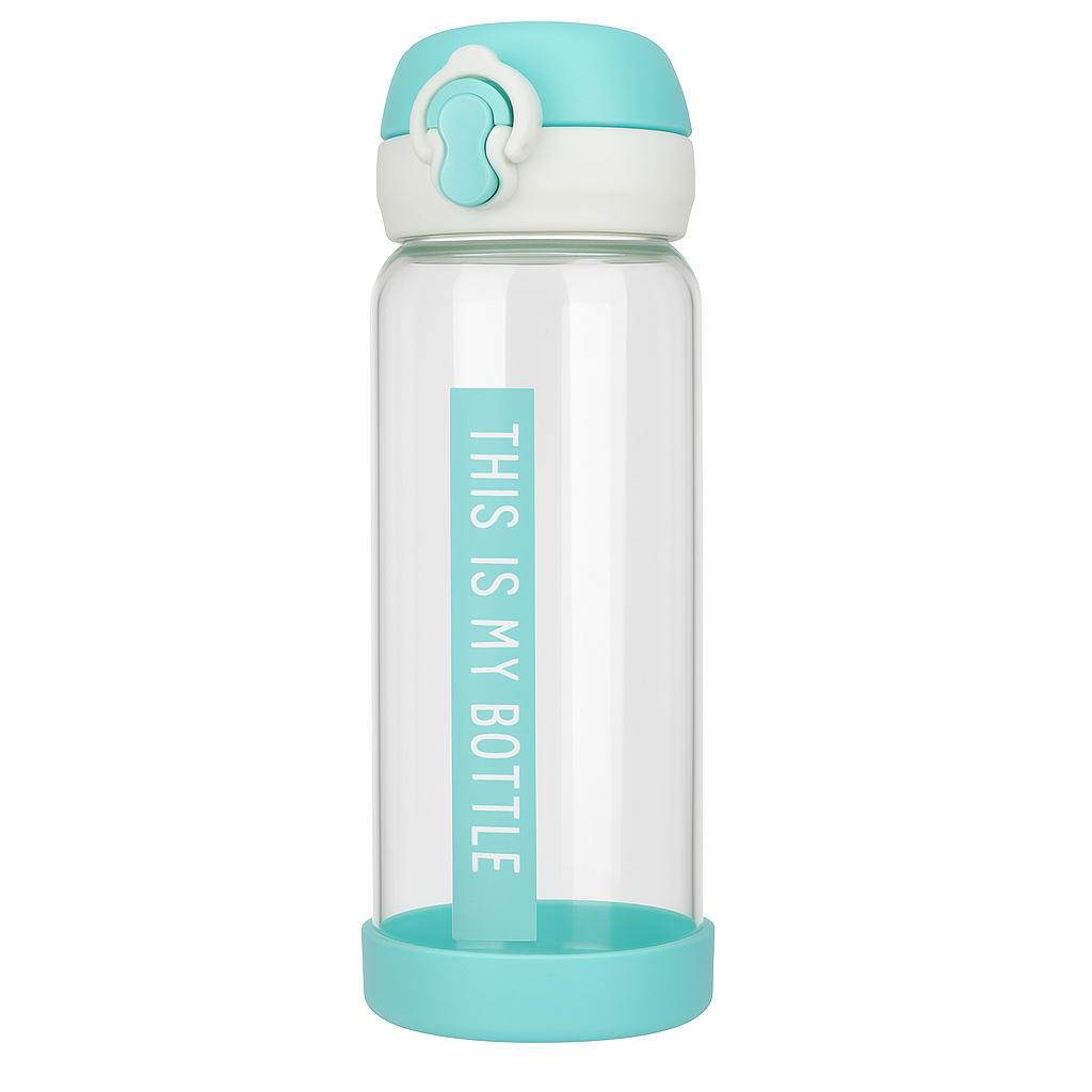 Blue “THIS IS MY BOTTLE” Glass Water Bottle – Leak-Proof Portable Drinking Bottle with Safety Lock Lid
