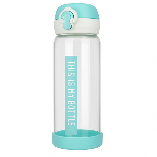 Blue “THIS IS MY BOTTLE” Glass Water Bottle – Leak-Proof Portable Drinking Bottle with Safety Lock Lid
