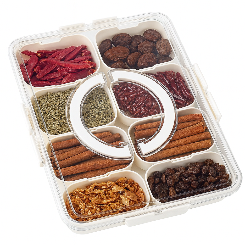 8-Partition Food Storage Box – Transparent Multi-Section Organizer for Spices, Dry Fruits, Snacks & Kitchen Essentials
