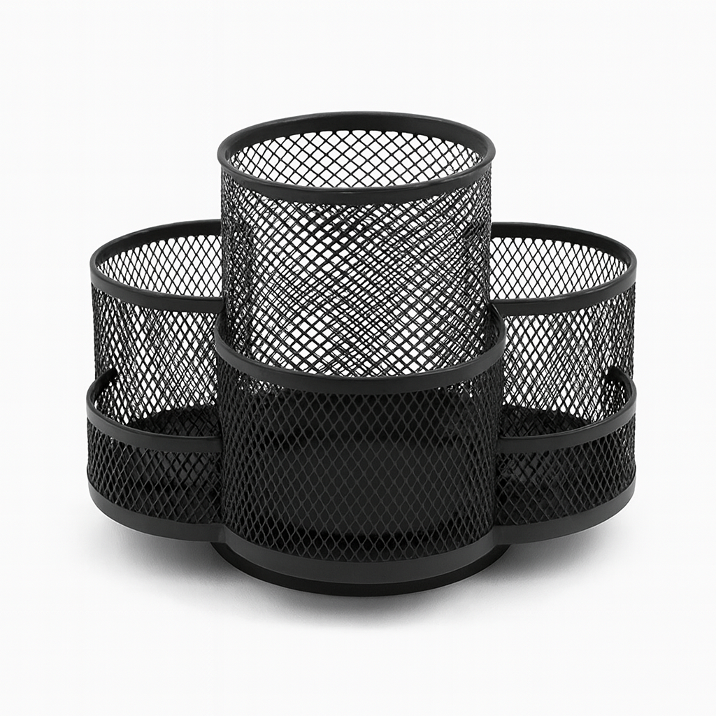 360° Rotating Metal Stationery Holder – Multi-Compartment Desk Organizer for Pens, Office Supplies & Study Essentials