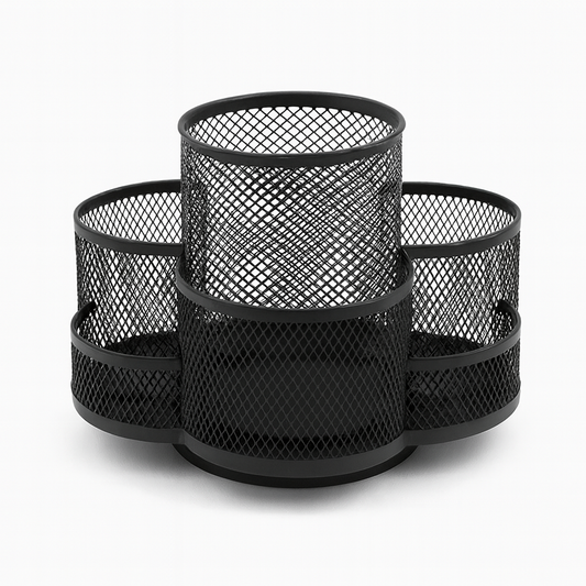 360° Rotating Metal Stationery Holder – Multi-Compartment Desk Organizer for Pens, Office Supplies & Study Essentials