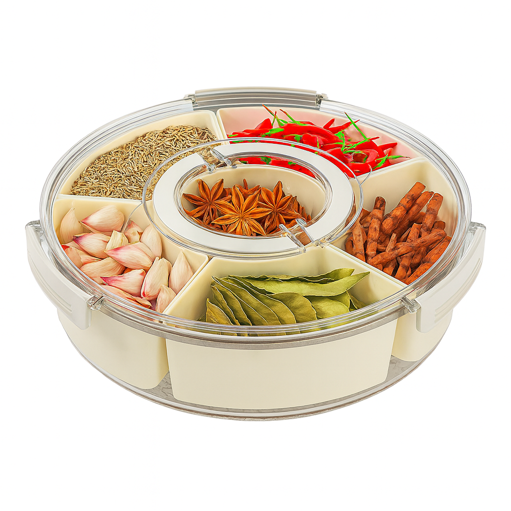 360° Rotating Snack Tray – Multi-Compartment Serving Platter for Dry Fruits, Nuts, Candies & Party Snacks