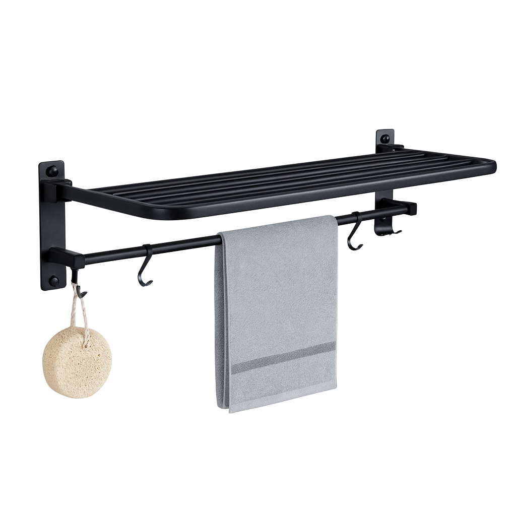Wall-Mounted Iron Towel Rack – Foldable Bathroom Shelf with Hanging Bar for Towels & Accessories